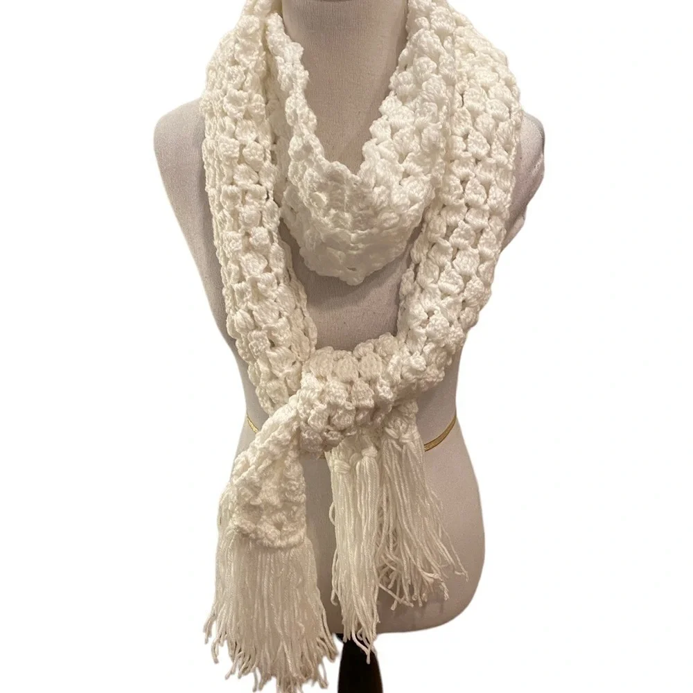 Handmade Crocheted Scarf Pure White Extra Long 94” with Fringe